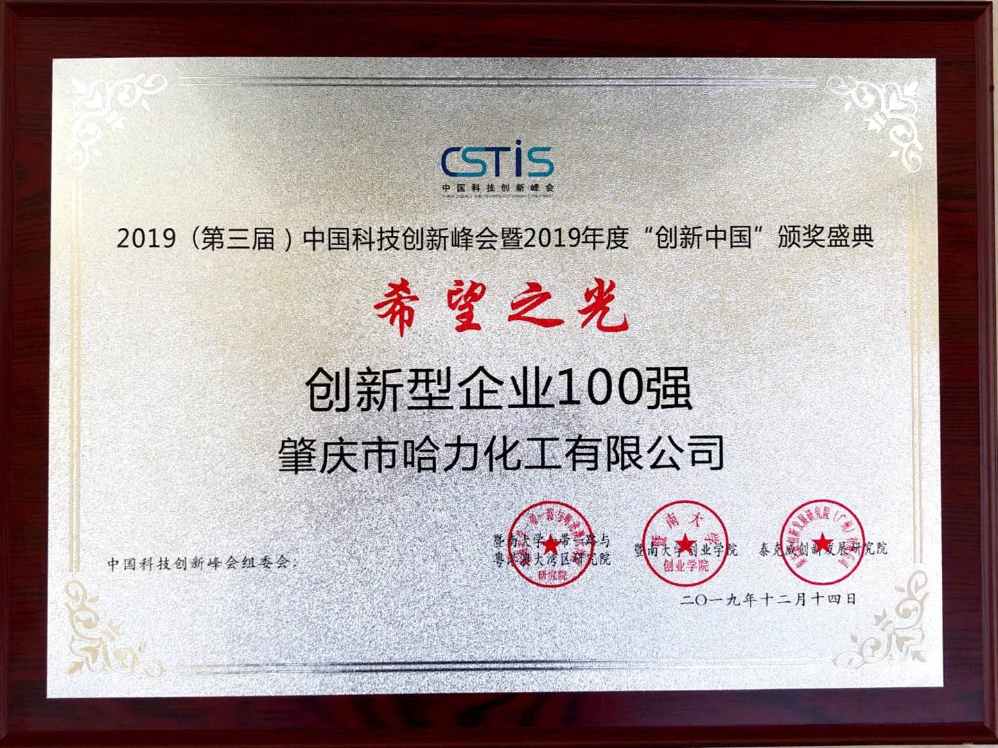 2019年度“创新中国”希望之光创·新型企业100强